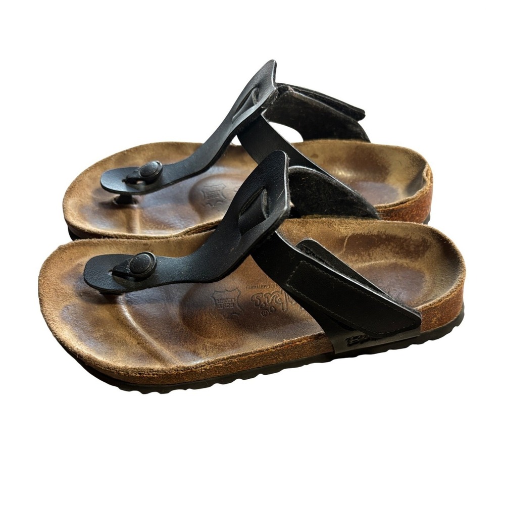 Birkis Birkenstock 37 Leather T-Strap Thong Sandals Cork‎ Footbed Leisure READ